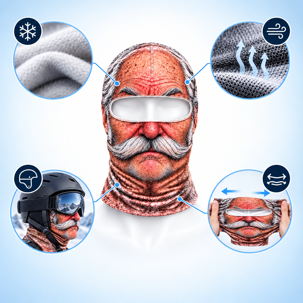Warm fleece, breathable, fits under a helmet, stretchy
